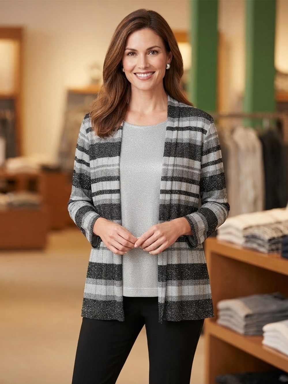 Alfred Dunner Black and Gray Striped Open-Front Cardigan